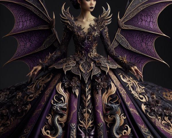 Elaborate gown with purple hues and gold detailing