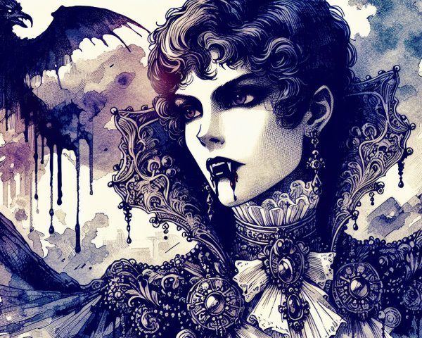 Gothic Illustration of Regal Vampiric Figure with Dragon