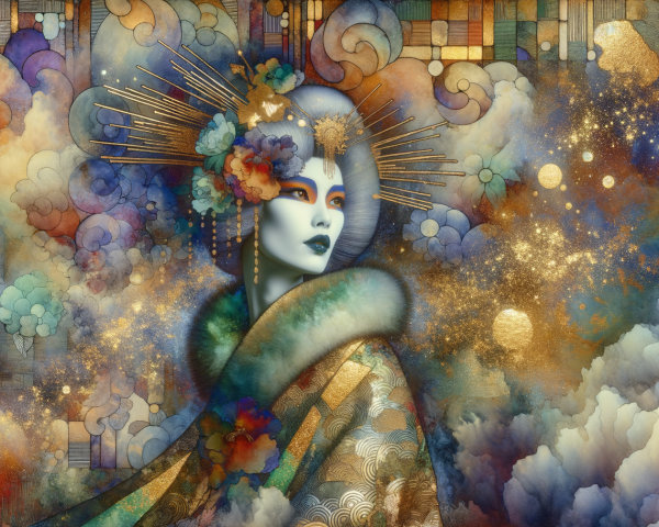 Figure in patterned kimono with vibrant colors and gold