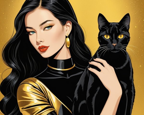 Glamorous Woman with Black Cat in Golden Background