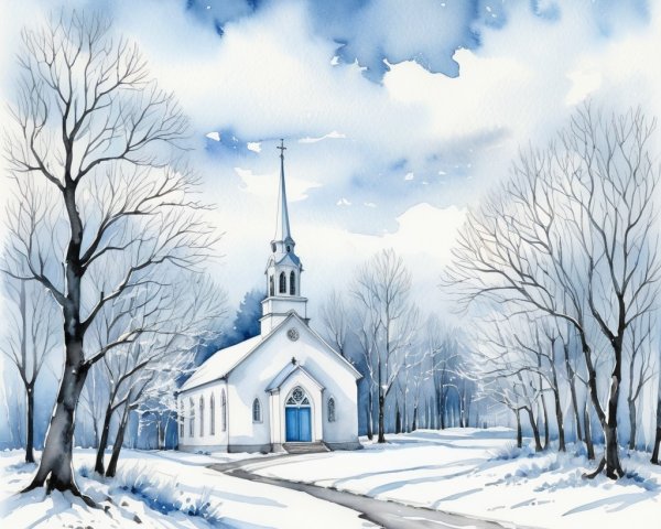 Winter Scene of a Quaint Church in a Snowy Landscape