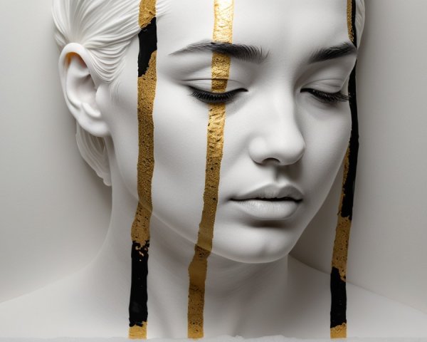 Sculpture of a woman's face in white with black and gold