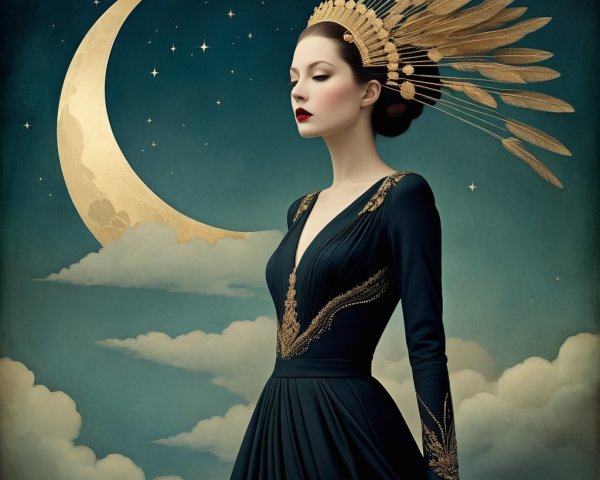 Serene Woman in Dark Gown Against Night Sky
