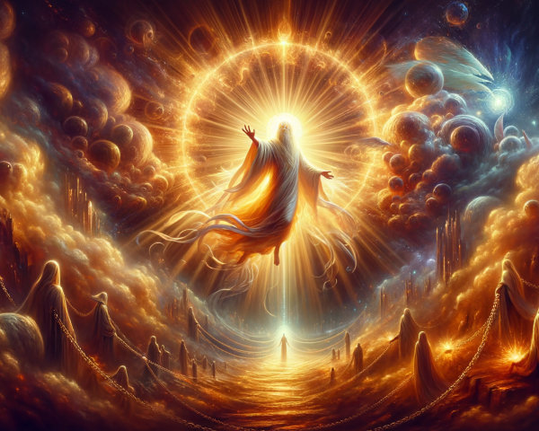 Celestial Scene with Divine Figure in Radiant Light