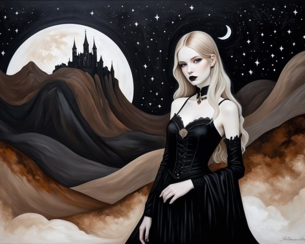 Ethereal Figure in Black Gown Under Starry Sky