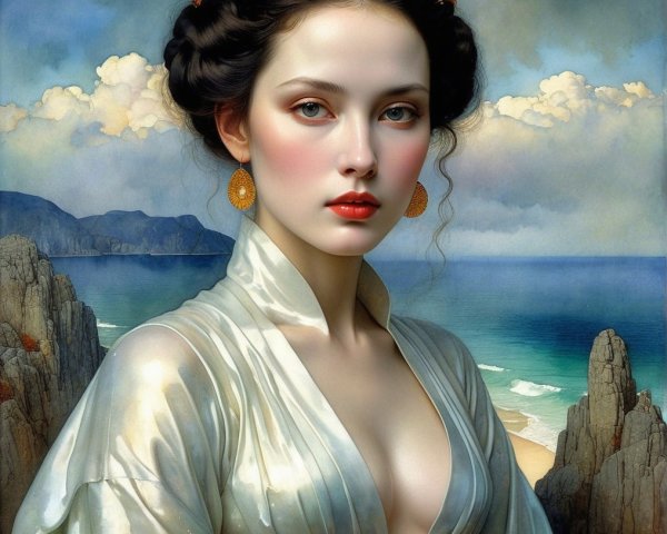 Ethereal Woman in Silk Garment by Serene Seascape