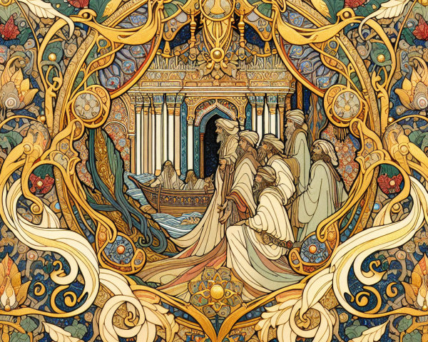 Ornate Art Nouveau Scene with Figures and Palace