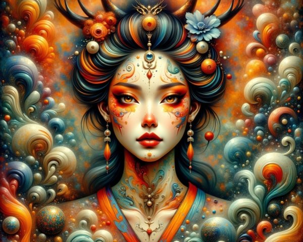Mystical Woman Portrait with Tattoos and Vibrant Colors