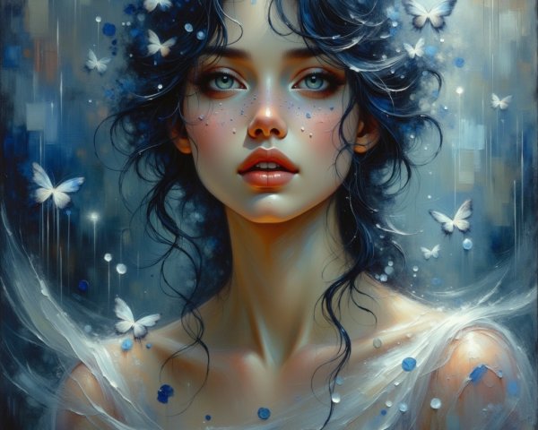 Portrait of a Young Woman with Blue Butterflies