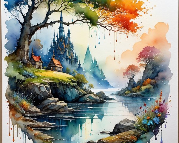 Serene River and Castles in Vibrant Autumn Landscape