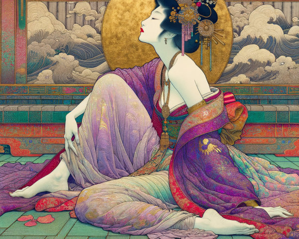 Serene figure in vibrant robes with intricate patterns