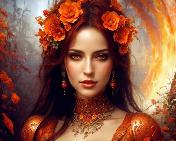 Woman with Orange Flowers in Mystical Landscape