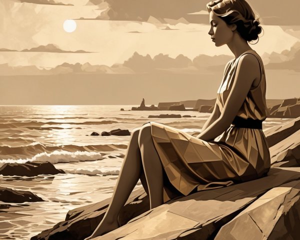 Woman Reflecting on Rocky Shores at Sunset