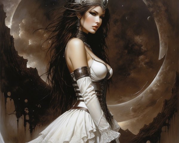 Elegant Woman in White Gown with Celestial Background