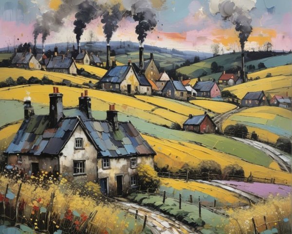 Countryside Scene with Cottages and Rolling Hills