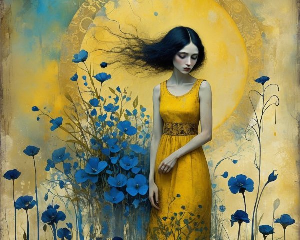 Woman in Yellow Dress Surrounded by Blue Flowers