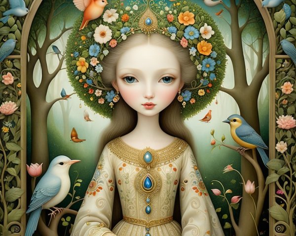 Young woman in golden gown in enchanted forest