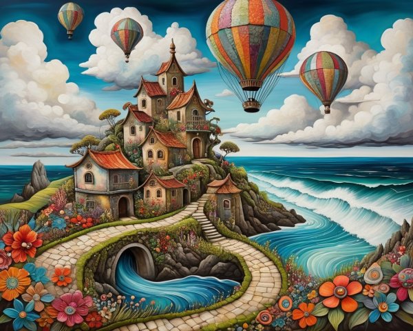 Whimsical Landscape with Colorful Path and Village