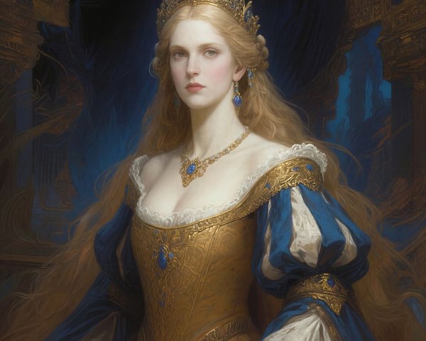 Blonde Woman in Royal Blue Dress with Castle Background