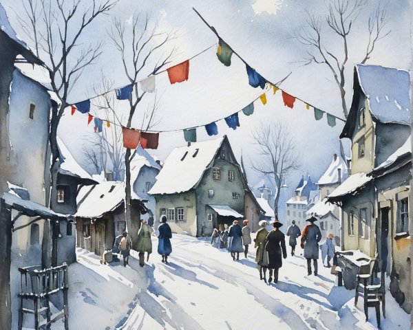 Winter Village Scene with Snow and Prayer Flags