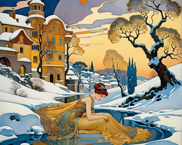 Winter Landscape with Young Woman by Frozen Pond