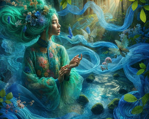 Mystical Figure in Enchanted Forest with Butterflies