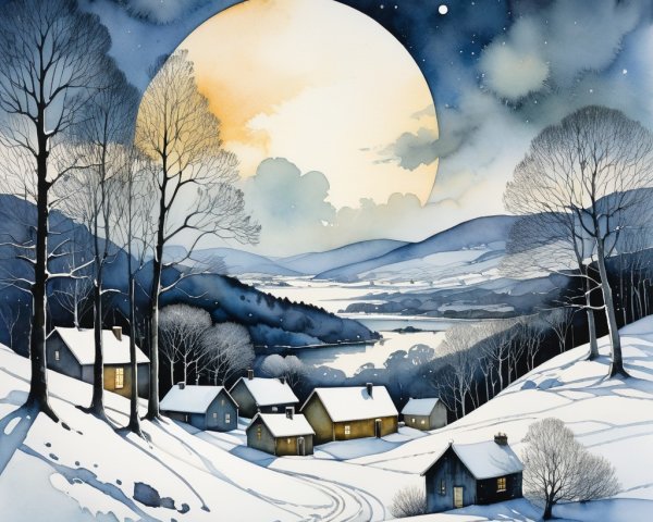 Serene Winter Village Under Starry Night Sky