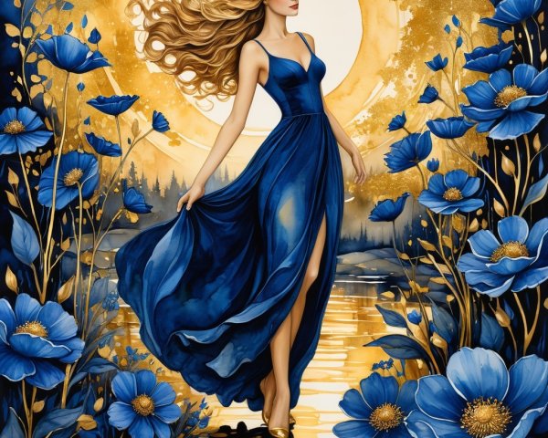 Elegant figure in blue gown by serene waterway