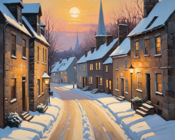 Charming Winter Village Scene with Snow and Sunset Sky