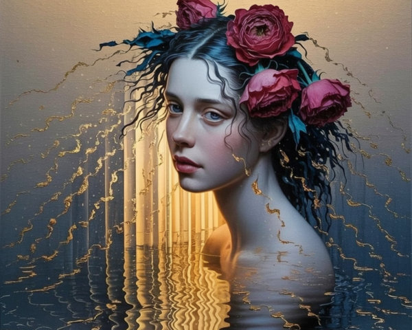 Serene Woman with Flowing Hair and Red Roses