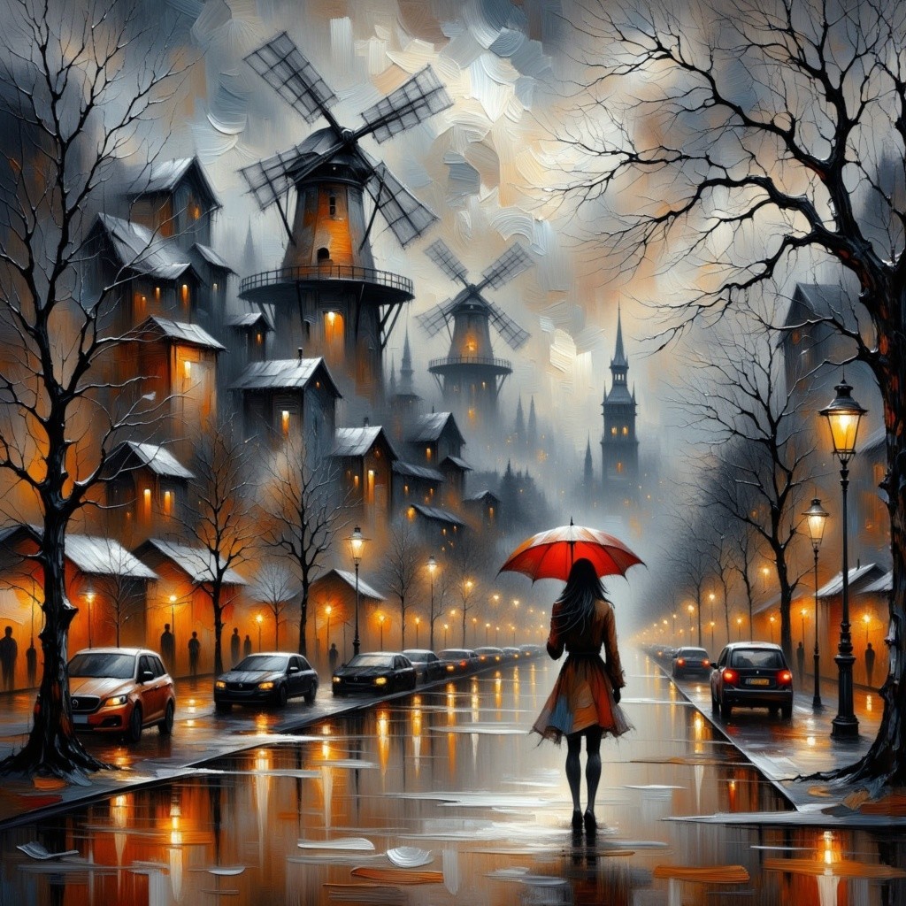 Atmospheric Scene of Woman with Red Umbrella in Twilight