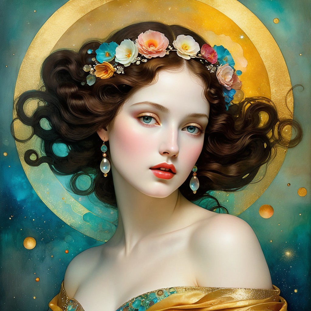 Young Woman in Floral Crown and Golden Gown