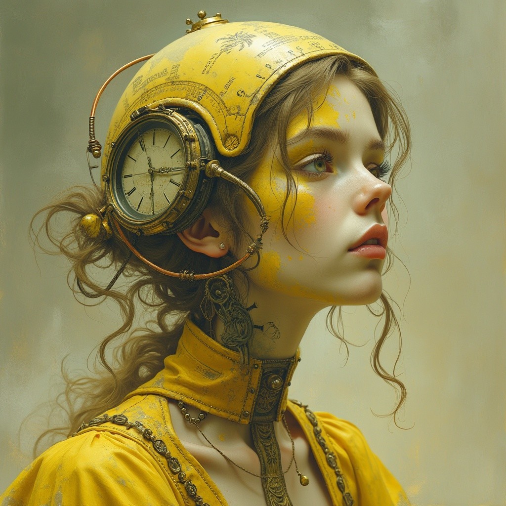 Young woman with vintage helmet and artistic dress