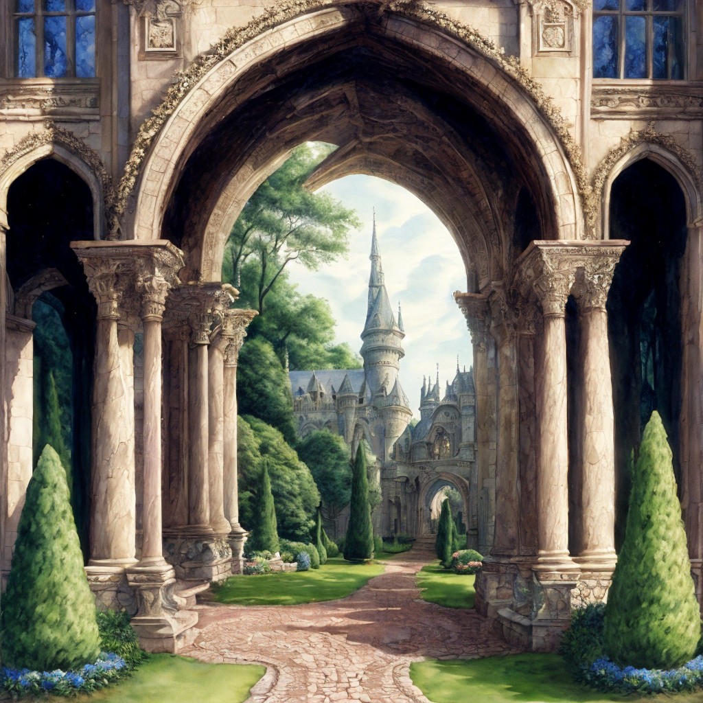 Majestic castle with stone arches and lush garden