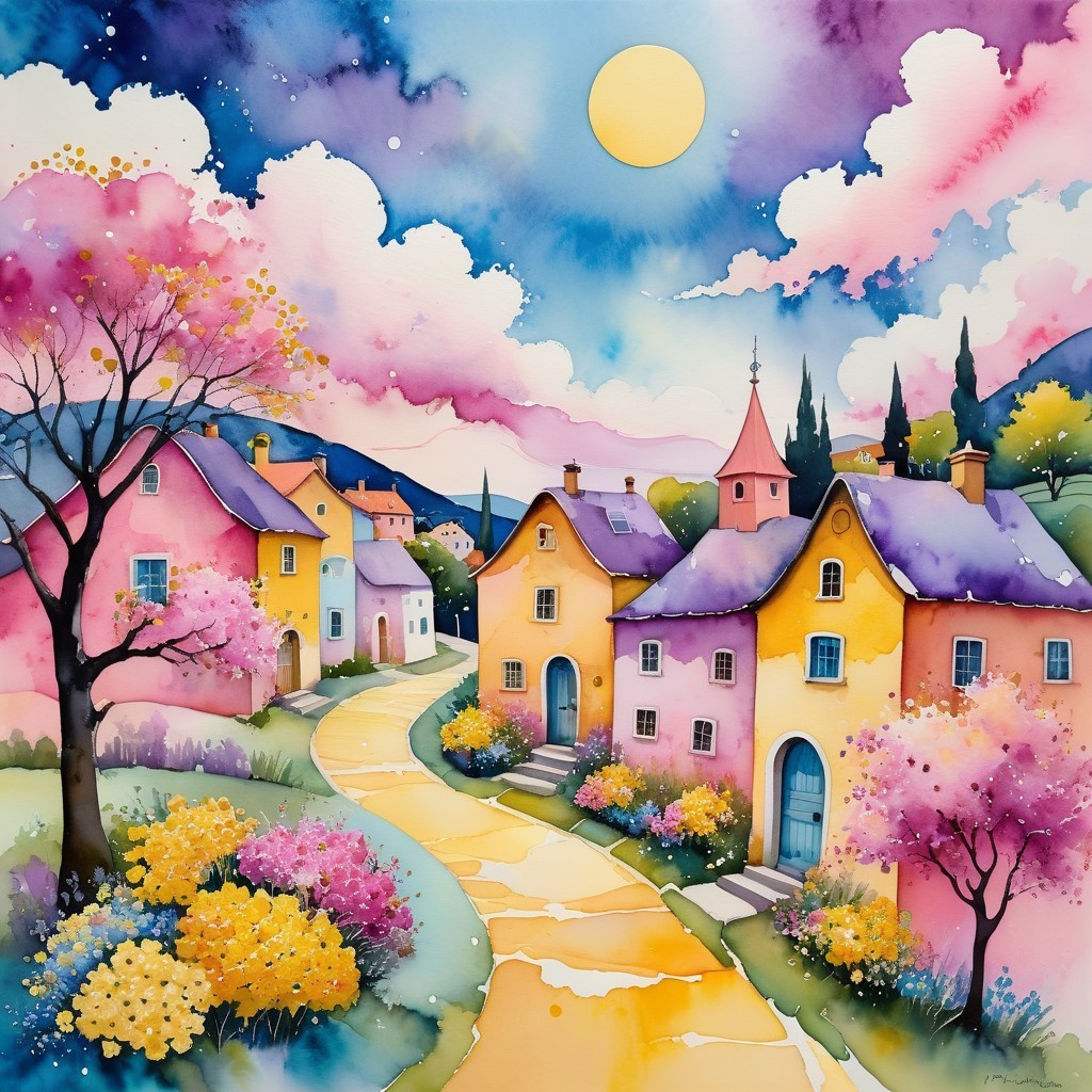 Whimsical Landscape with Colorful Houses and Flowers