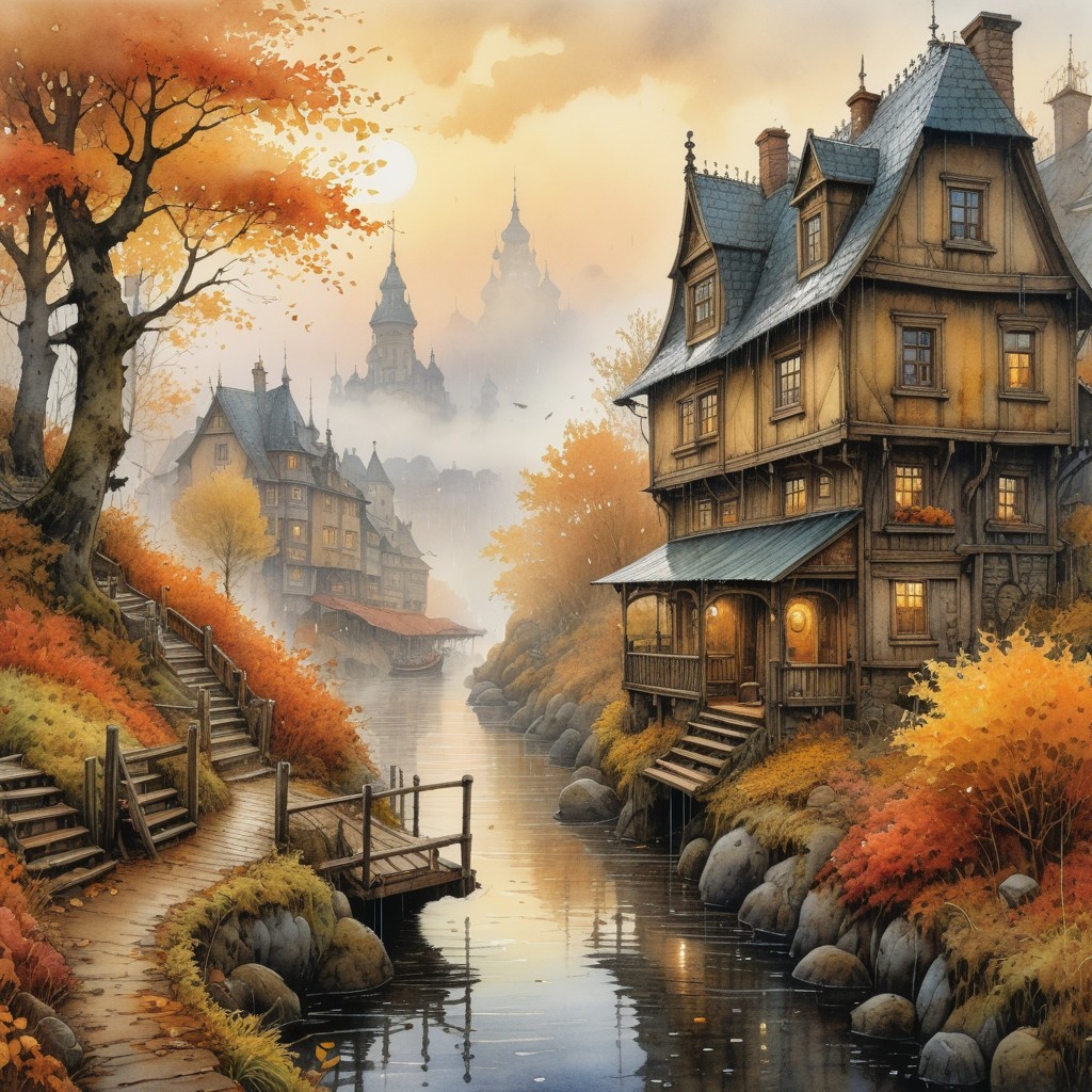Autumn Landscape with Rustic Houses by a River