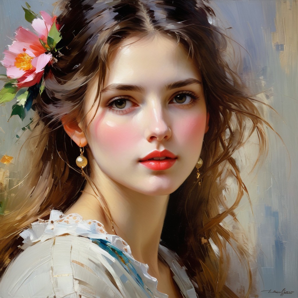 Portrait of a Young Woman with Flowing Hair and Flower