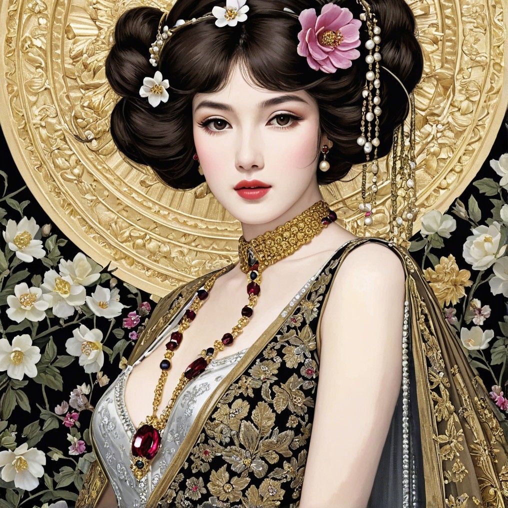 Elegant Woman with Floral Hairstyle and Embroidered Garment