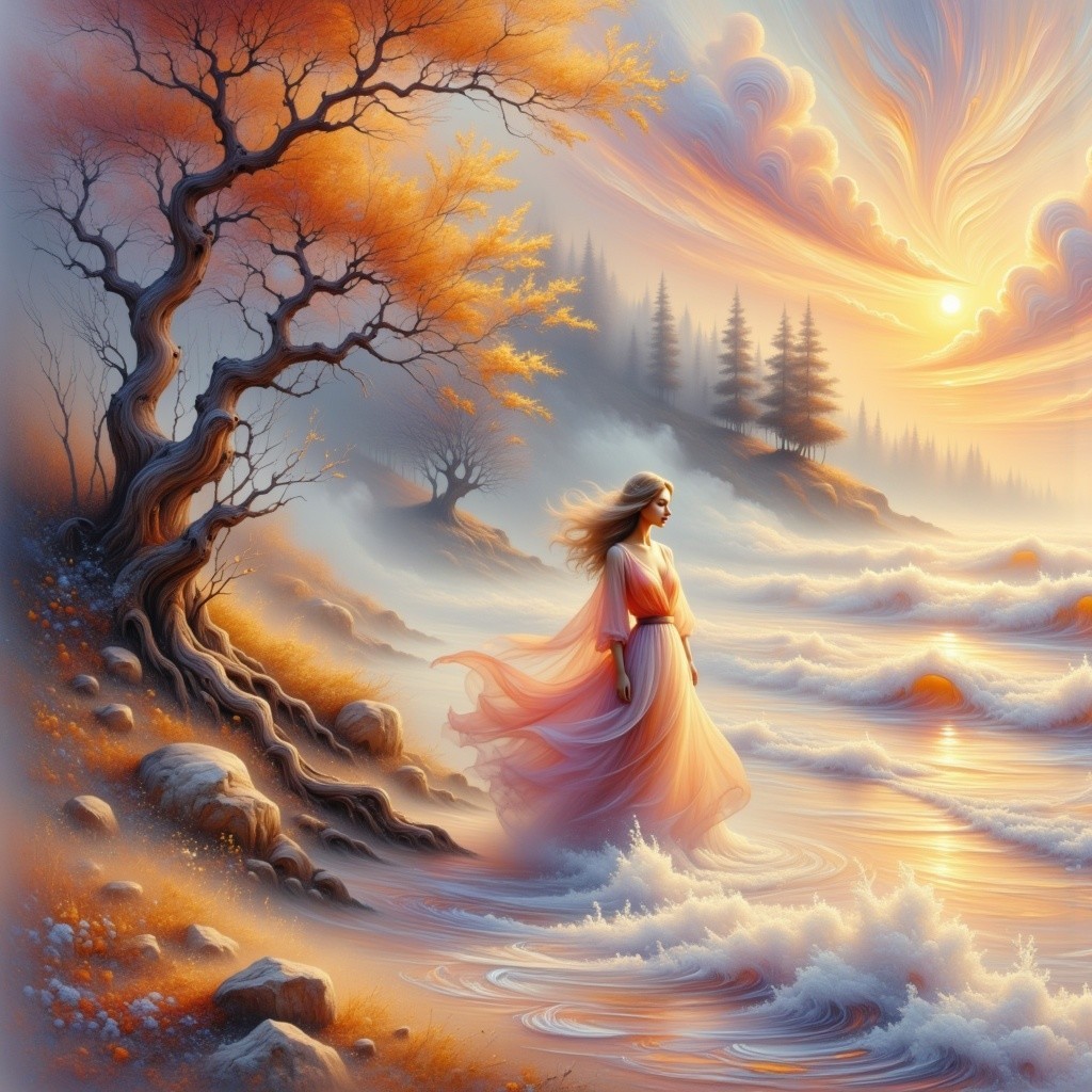 Serene Coastal Sunset with Woman in Flowing Dress