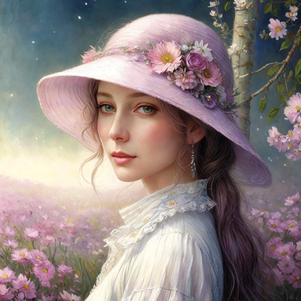 Young Woman in Pink Hat Amidst Dreamy Flower Field