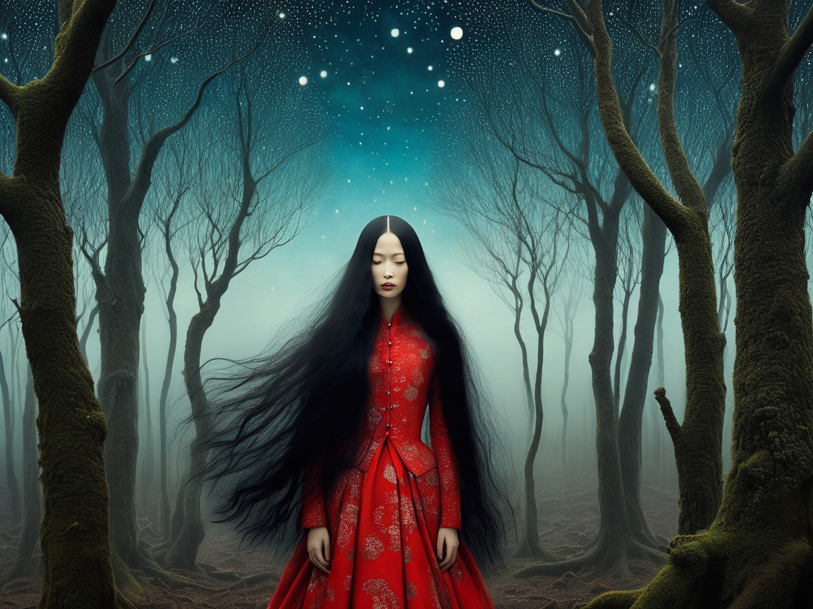 Woman in Red Dress in Enchanted Forest at Night