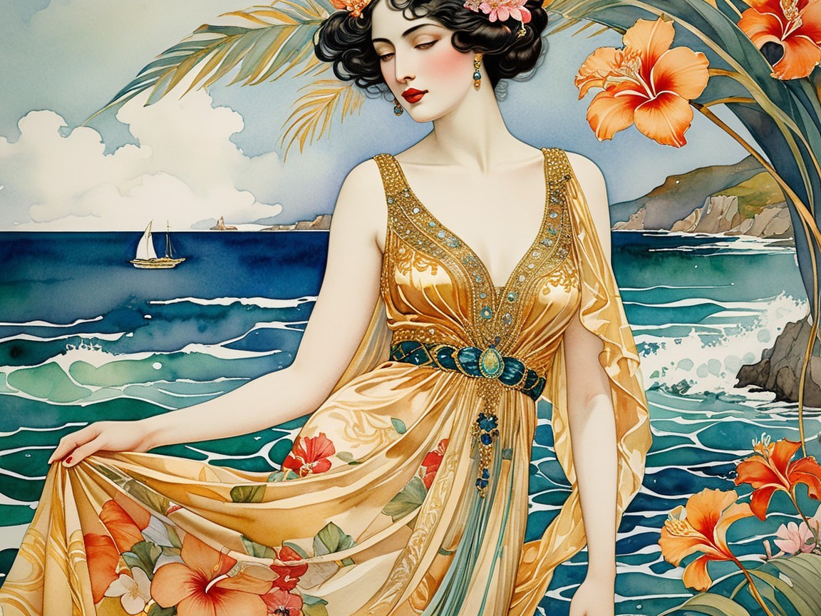 Serene Woman in Golden Dress by Tropical Ocean