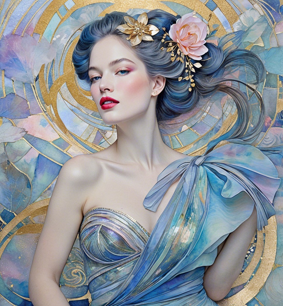 Serene figure in flowing blue gown with floral accents