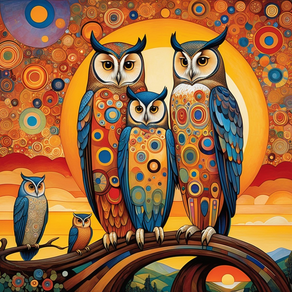 Vibrant Scene of Five Colorful Owls on a Branch