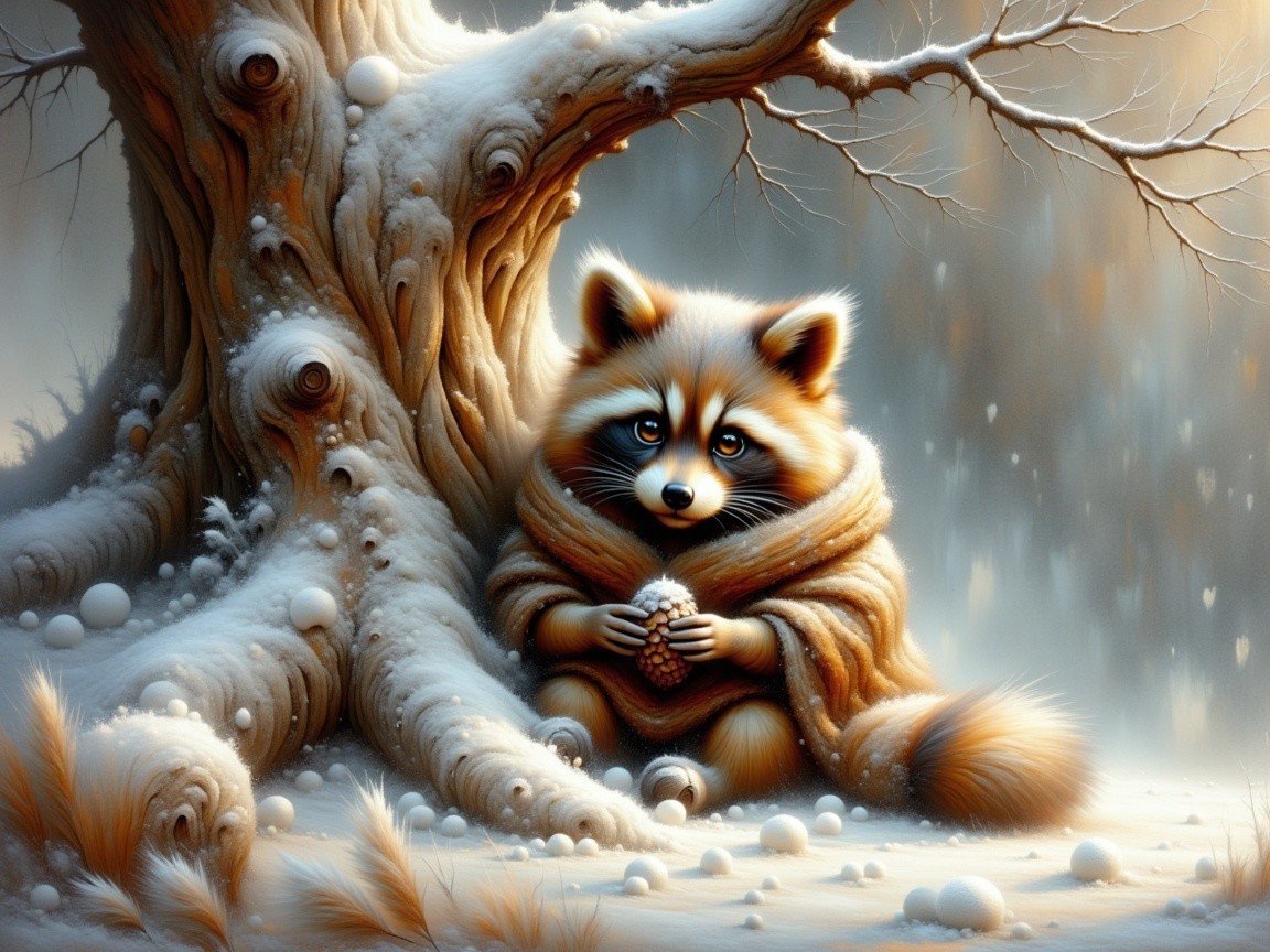 Raccoon Under Snowy Tree in Cozy Blanket Scene