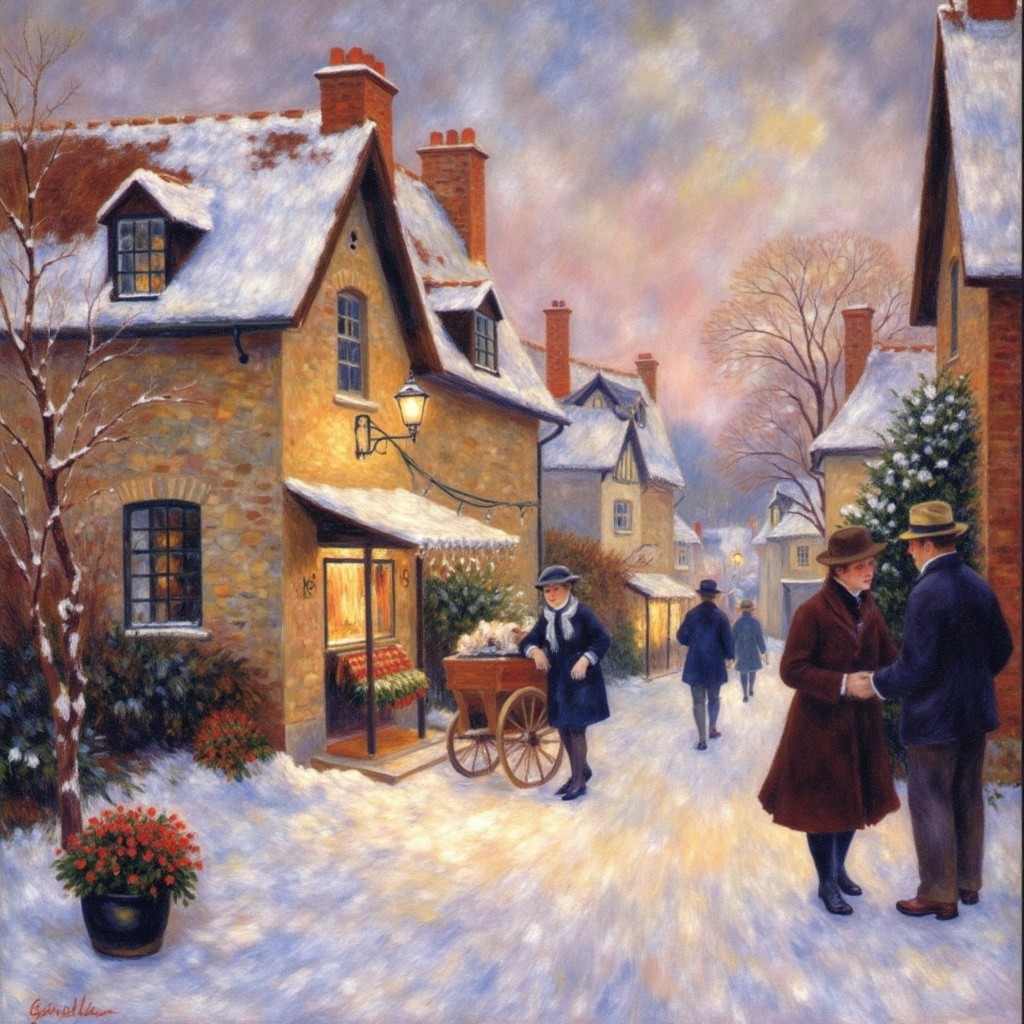Snow-Covered Village Scene with Vintage Winter Charm