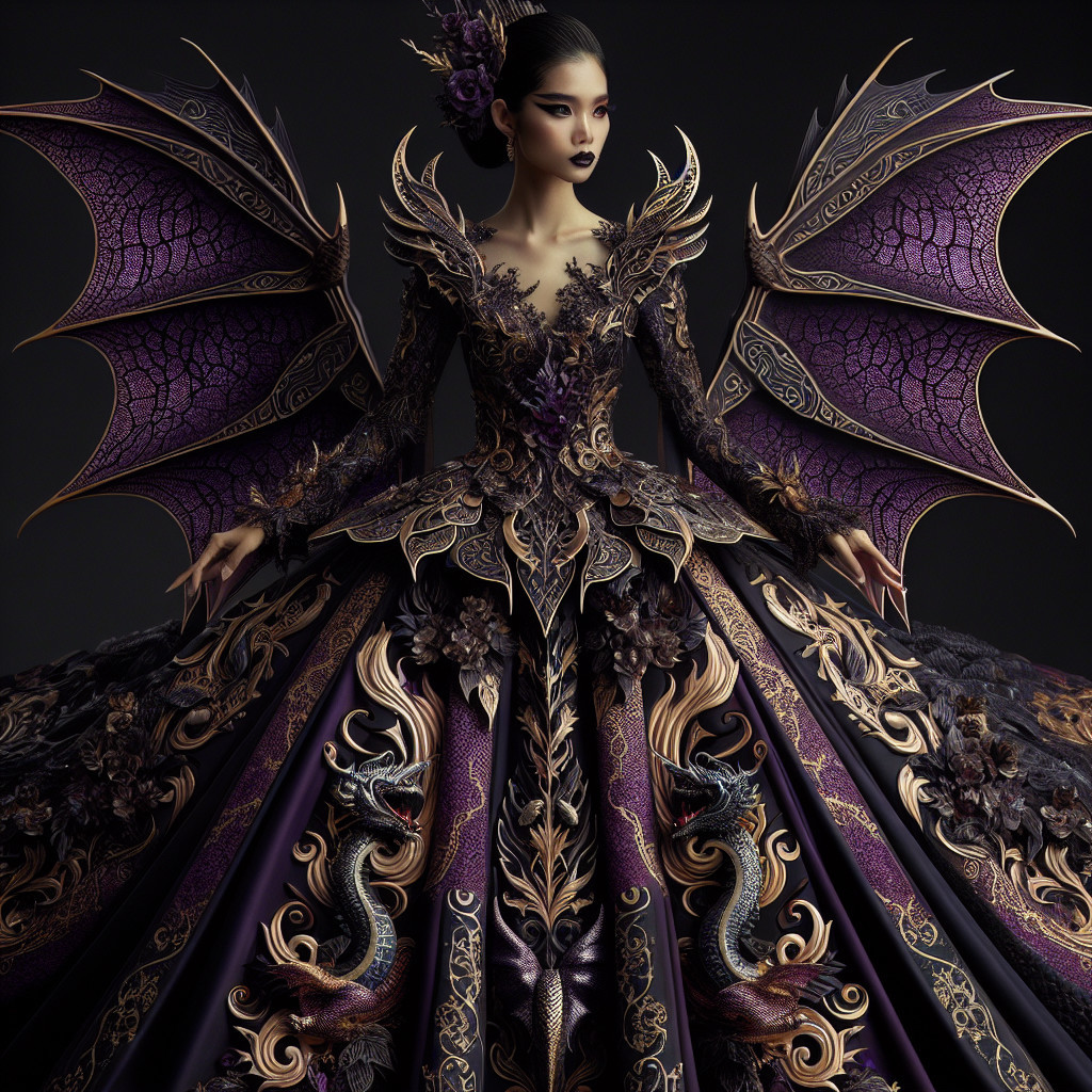 Elaborate gown with purple hues and gold detailing