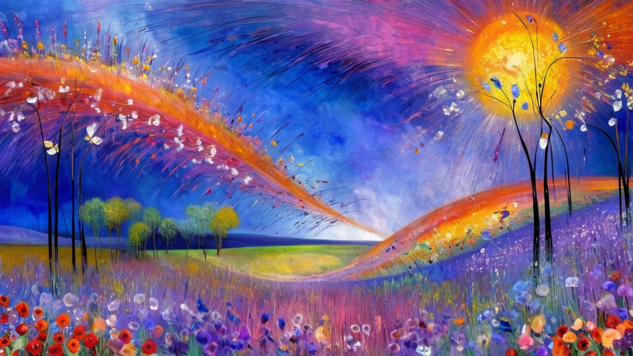 Vibrant Landscape with Colorful Hills and Flowers