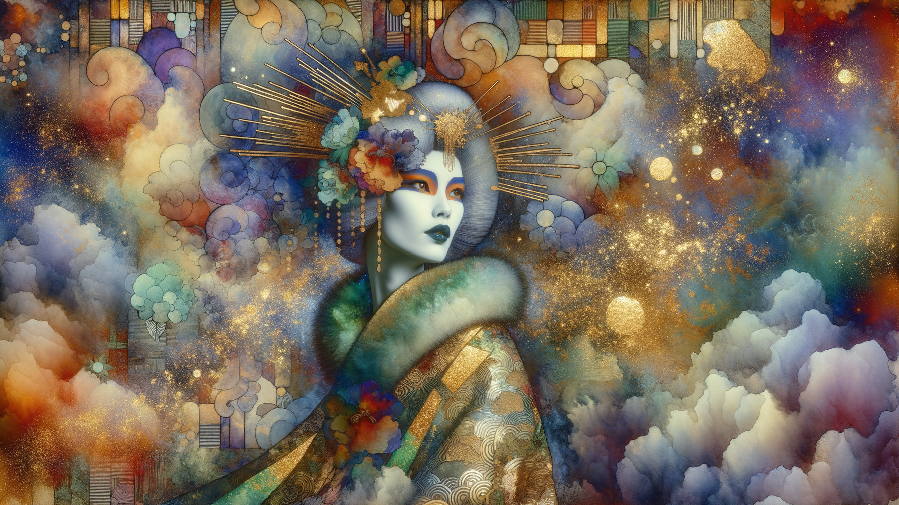 Figure in patterned kimono with vibrant colors and gold