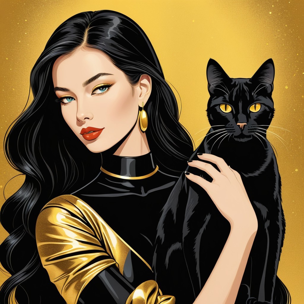 Glamorous Woman with Black Cat in Golden Background